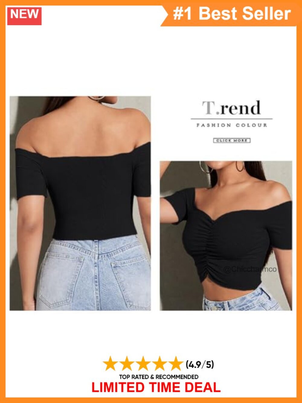 Off Shoulder Ruched Sweetheart Neck Ribbed Knit Crop Top - Picture 4 of 5